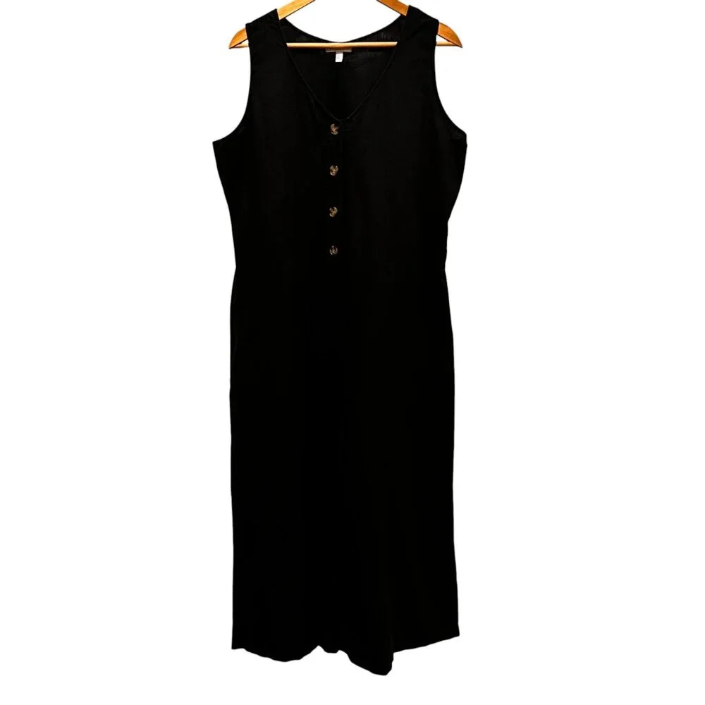 Neiman Marcus Sleeveless Linen Wide Leg Cropped Jumpsuit, Black, L